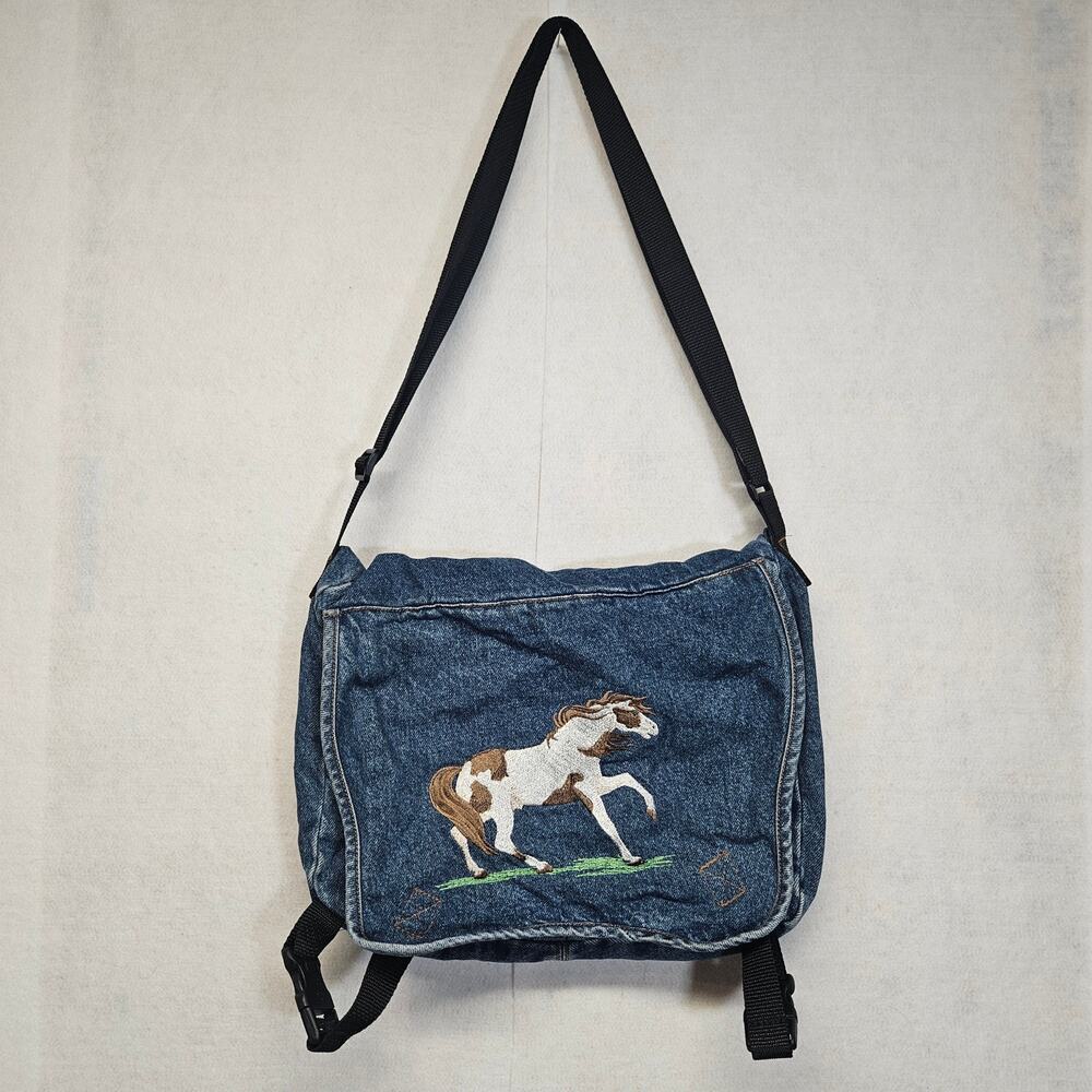 Vintage Denim Crossbody Messenger Bag Embroidered Pinto Paint Horse Western Y2K